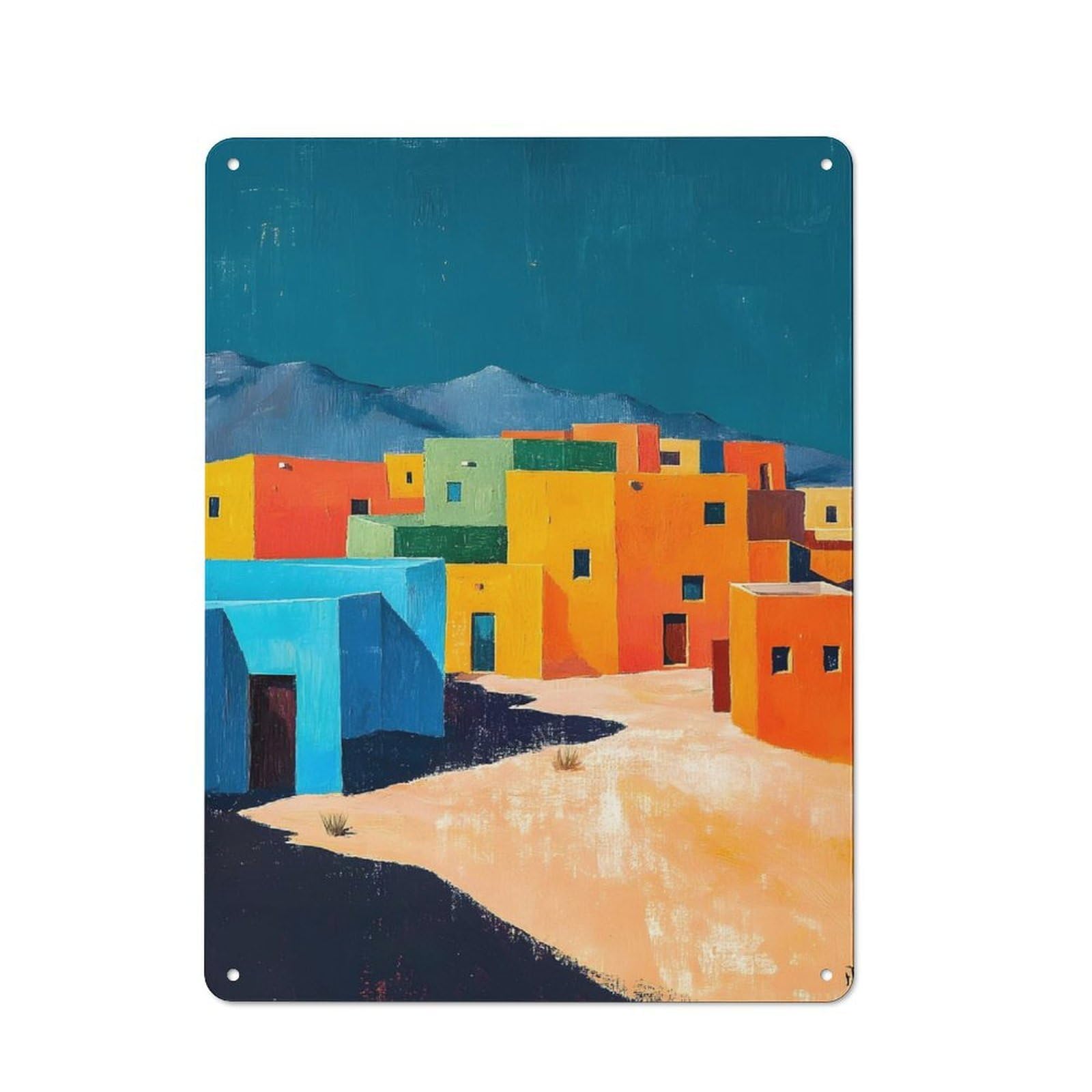 Junmoney Colorful Desert Village Tin Wall Plaque 40X30cm, Rustic Cottage Wall Art For Dining Room, Cafe, Entryway Or Family Room