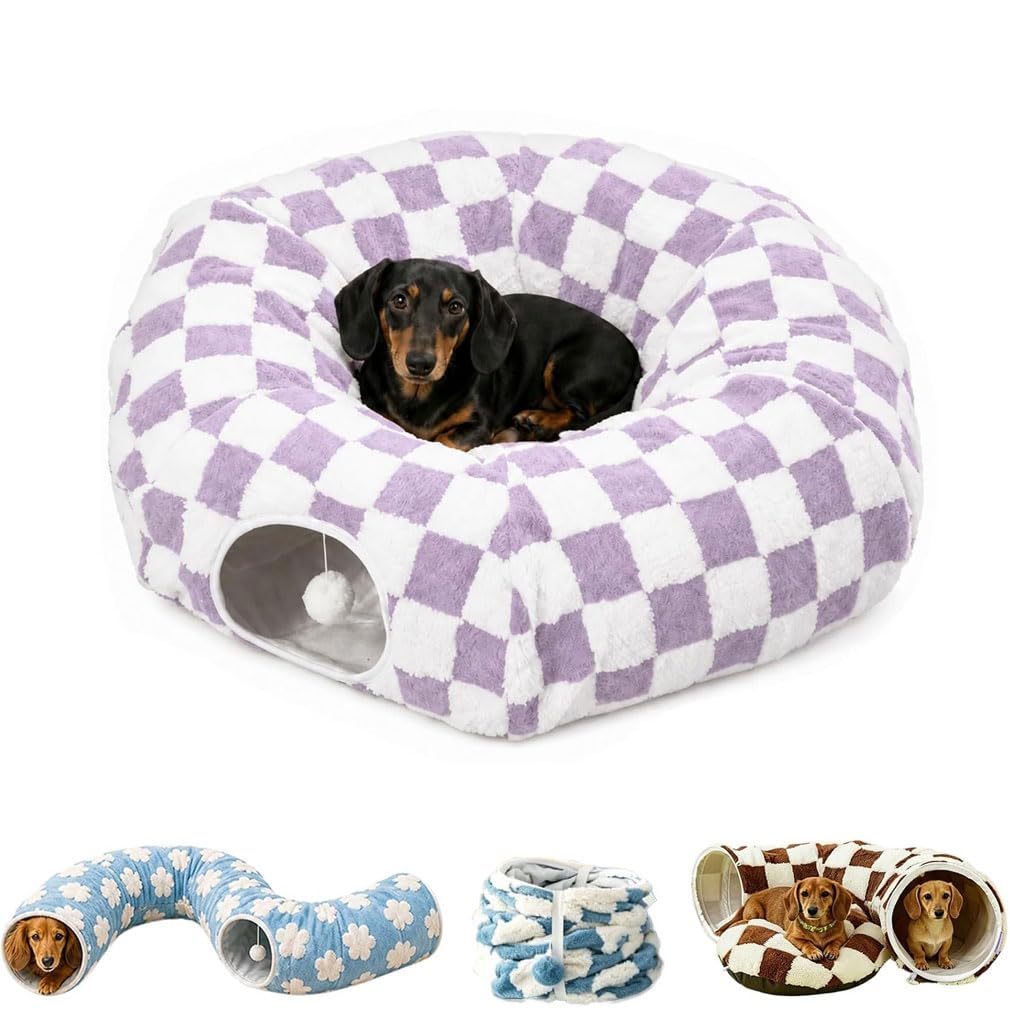 Dachshund Tunnel Bed, Foldable Dog & Cat Tunnel Bed with Plush Ball & Cushion, 3in 1 Plush Large Pet Donut Tunnel Bed, Interactive Cat Play Tunnel Toys, Multifunctional Cat Tunnels for Indoor，B