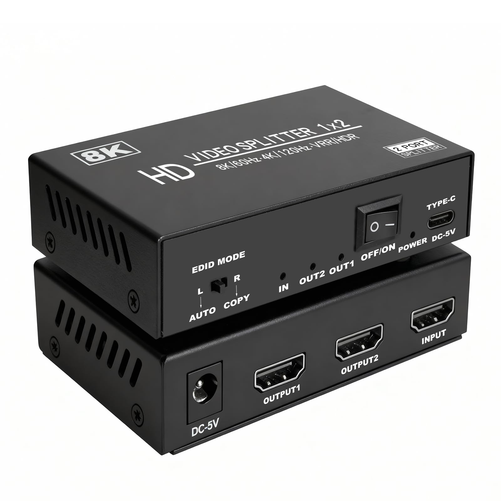 Splitter HDMI 8K 1 in 2 Out, 1x2 hdmi 2.1 Splitter 8K @60Hz 4K @120Hz, 48 Gbps, EDID, Auto Down Scaler, HDCP 2.3, VRR, HDR10+, 3D, solo schermi duplicazioni/mirror (non estendibili) per PS5, Xbox