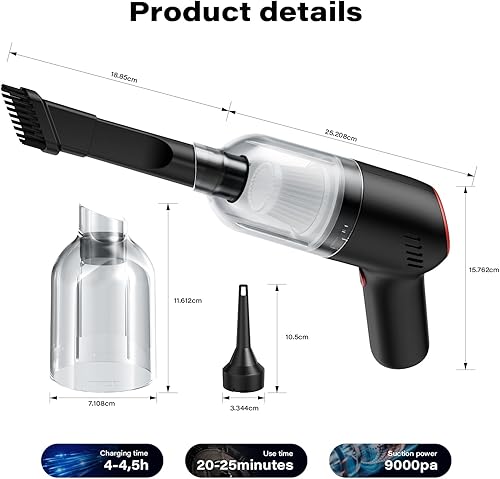 Miniatura 6 de APPS2Car Aspiradora de mano para automóvil, mini aspiradora inalámbrica de 9000 PA y plumero de aire, aspiradora portátil 3 en 1 con 2 filtros HEPA