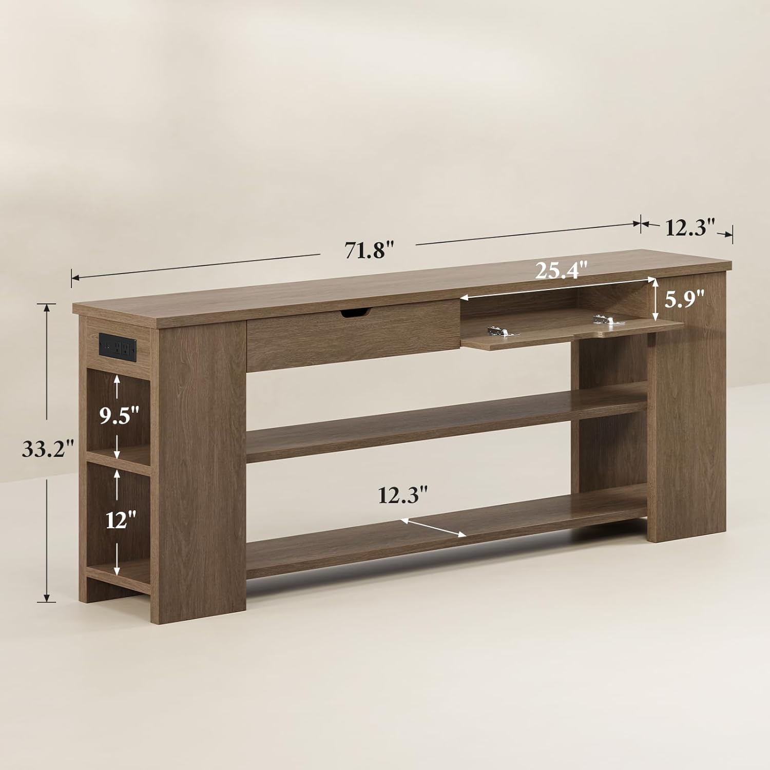 71.8" Extra Long Console Table, Wood Farmhouse Sofa Table with Generous Storage and Built-in Outlet, Sturdy Entryway Table for Living Room, Entrance, Hallway, Foyer, Brown - Image 2