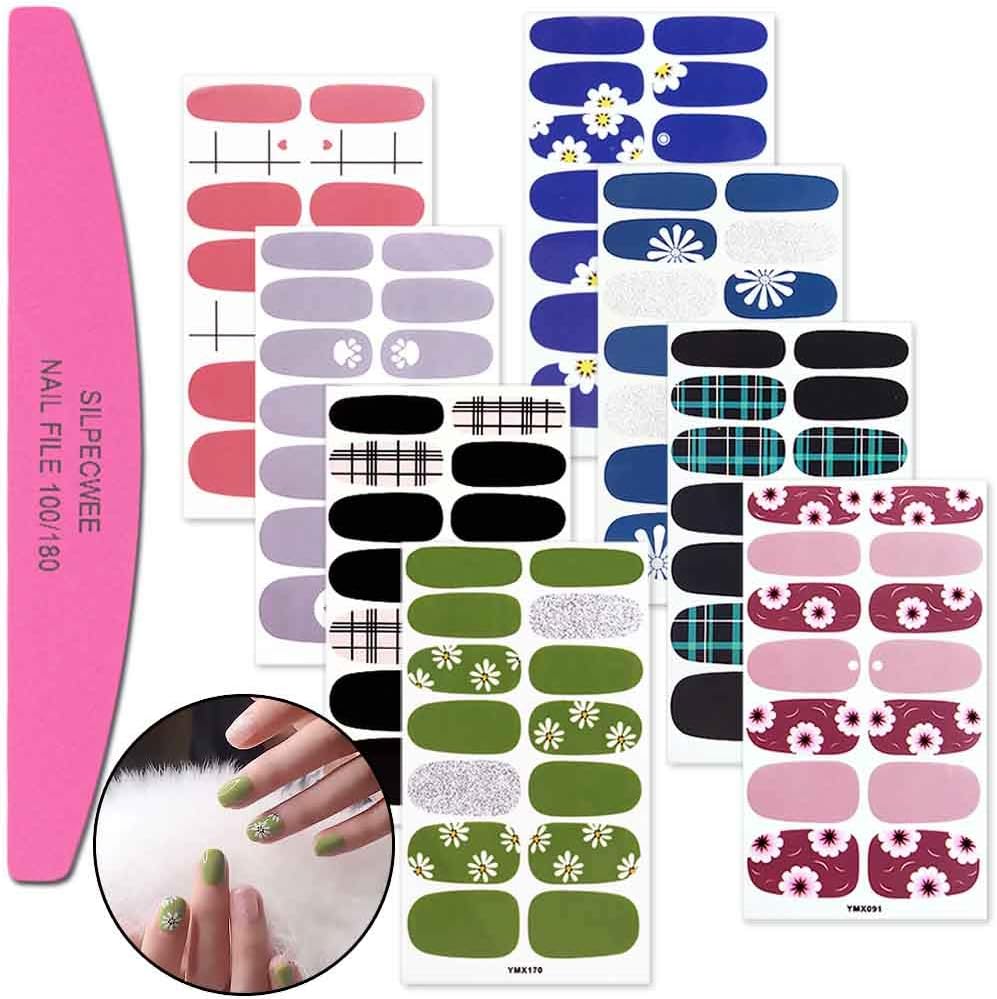 SILPECWEE 8 Sheets Self Adhesive Nail Polish Strips Stickers and 1Pc Nail File Lattice Nail Decals Tips Flower Nail Wraps Manicure Kit