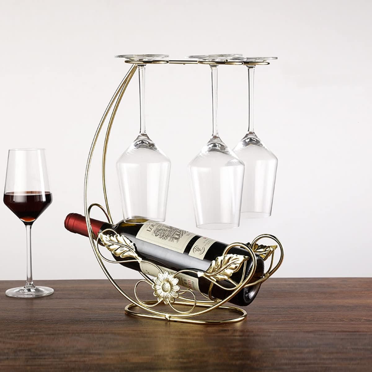 Tabletop Wine Rack - Metal Fine Forged Wine Glass Display Holder, Holds 1 Bottle and 4 Glasses, Gold