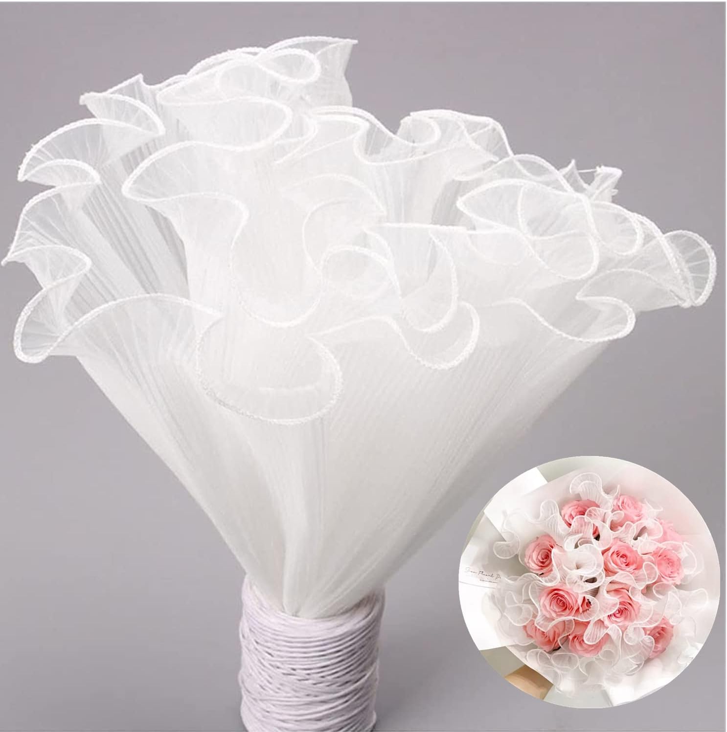 XIAOHONGFlower Wrapping Paper Bouquet Floral Packaging White Mesh Wrap Roll Korean Bouquet Wrapping Net Yarn Wrinkle Waves Paper Valentine's Day Flower Shop Supplies 5 yards