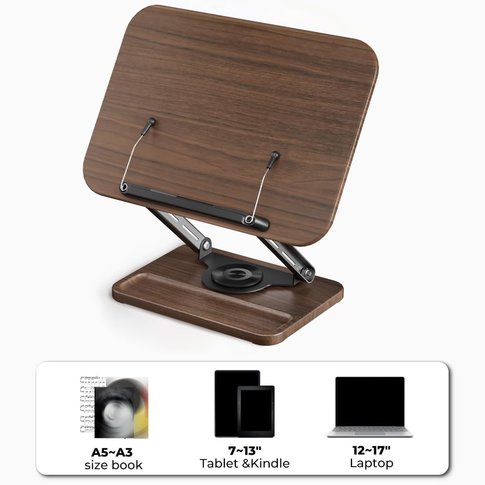 Support de livre réglable pour étude et cuisine - Rotation lisse à 360° - Clip de page extensible - Base en bois robuste - Rangement miniature réglable et ergonomique