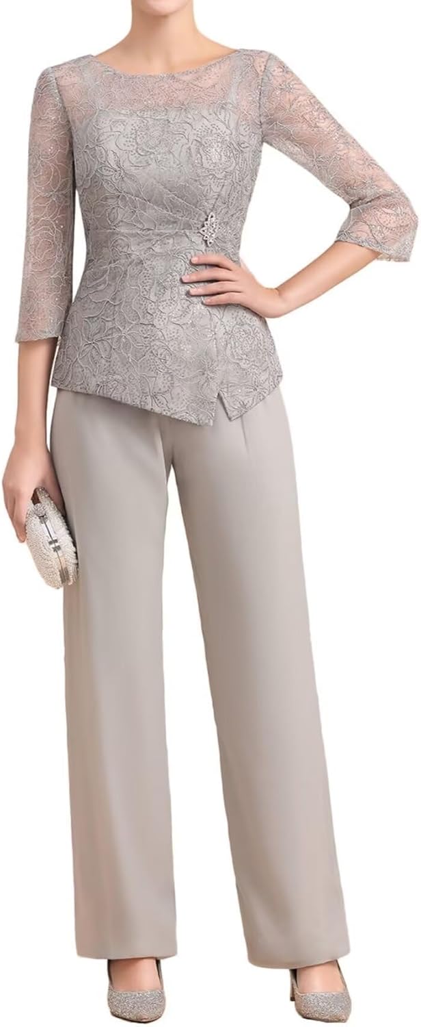 2 Pieces Mother of The Bride Groom Dresses Pant Suits for Women Dressy Wedding Guest Chiffon Lace Formal Evening Outfit - Image 4