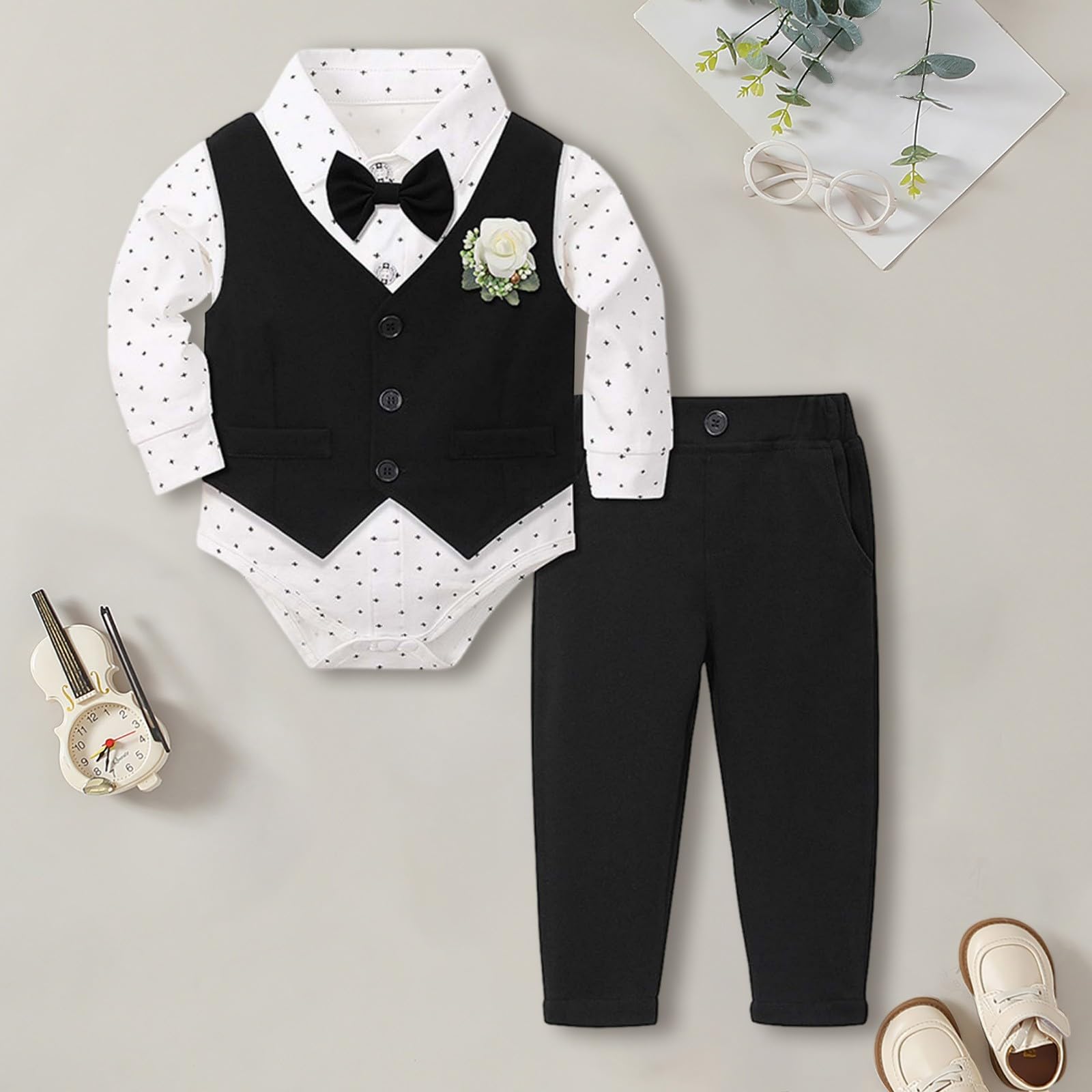 Set smoking per neonato, completo di camicia, gilet e pantaloni, elegante per cerimonie.