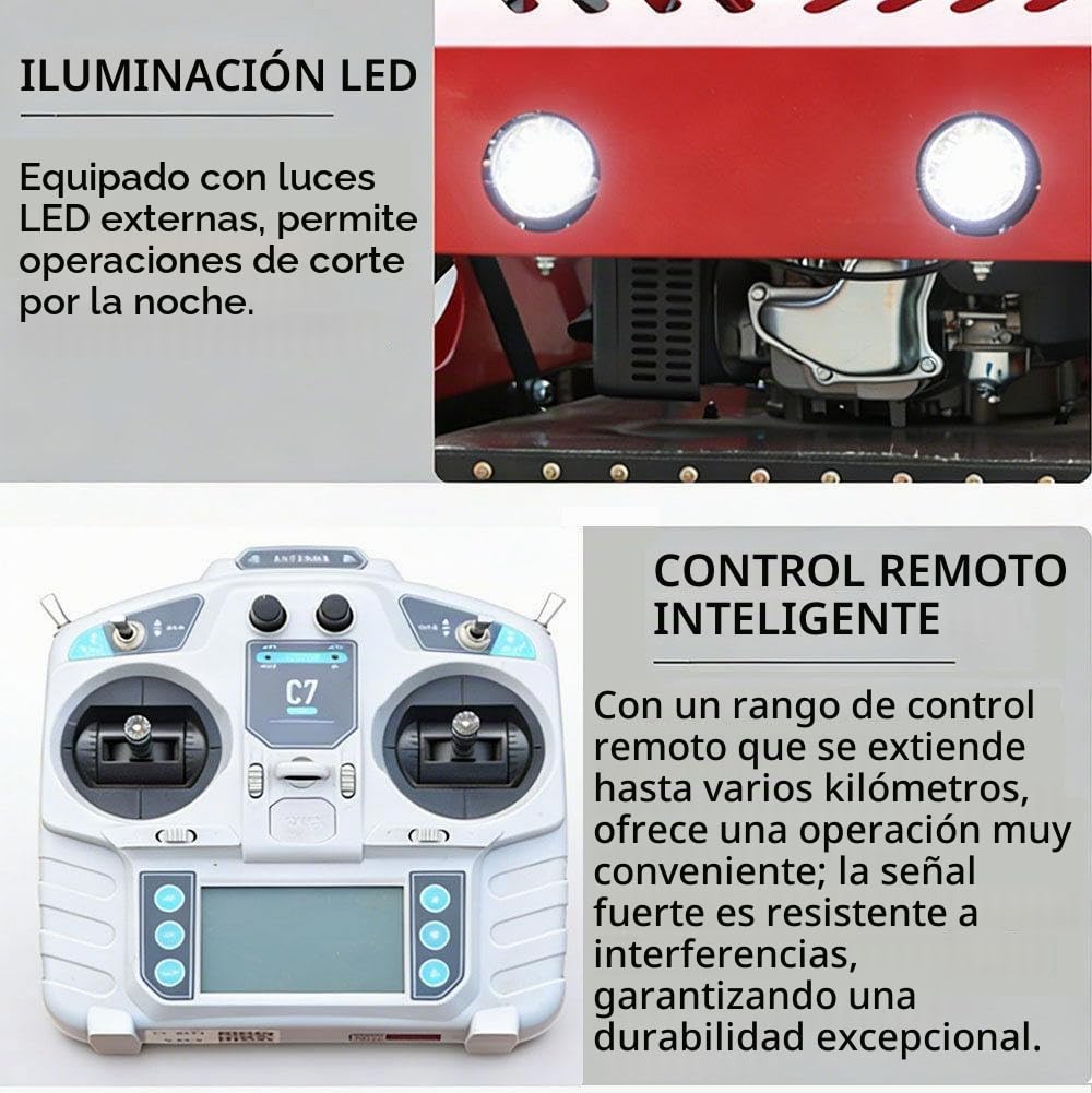 Cortacésped Oruga con Mando a Distancia – Motor Gasolina 9cv 224cc 4 Tiempos, Ancho De Corte 55cm, Pendiente 60°, Luces LED, para Terrenos Inclinados, Huertos Y Uso Comercial