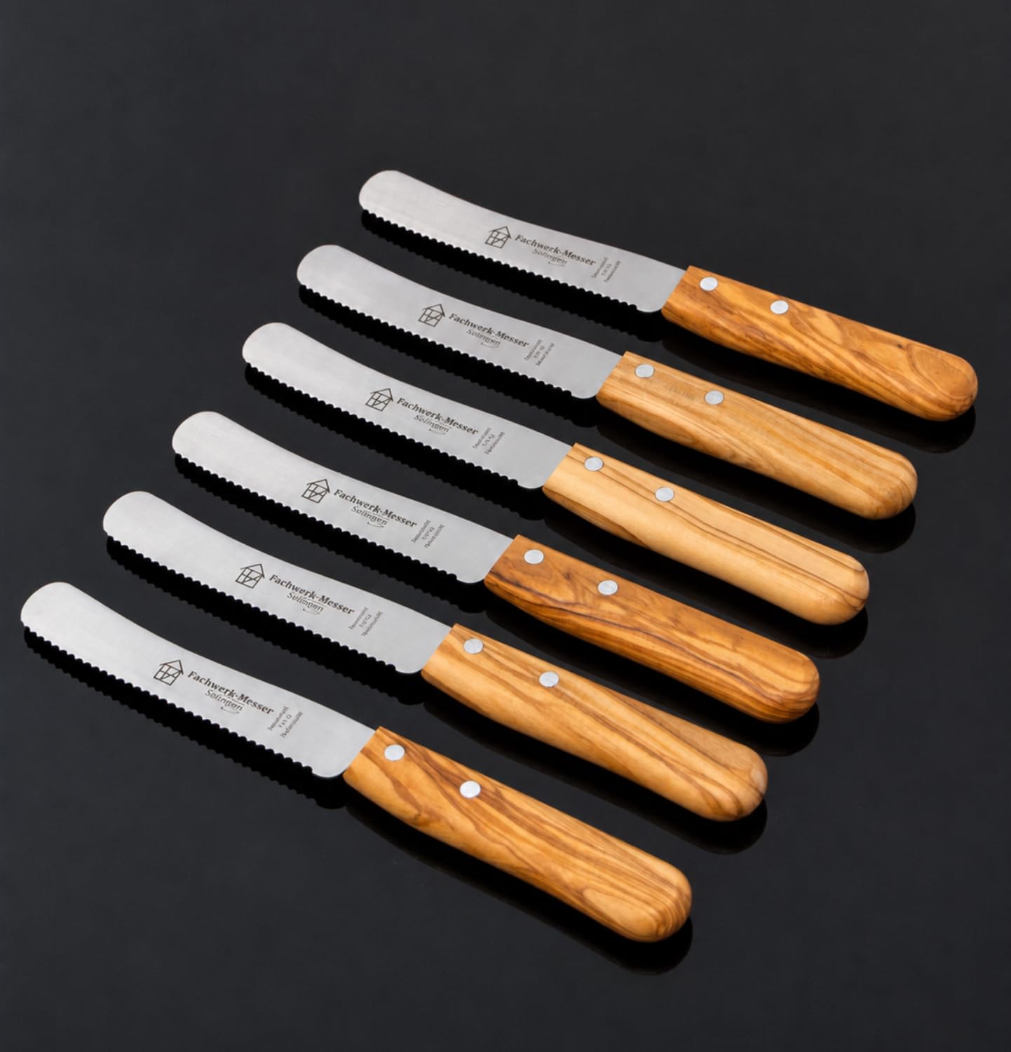 Buckelsmesser 6er-Set mit Wellenschliff - Testsieger - Frühstücksmesser aus Solingen/Germany - Brötchenmesser/Brotzeitmesser Olivenholz