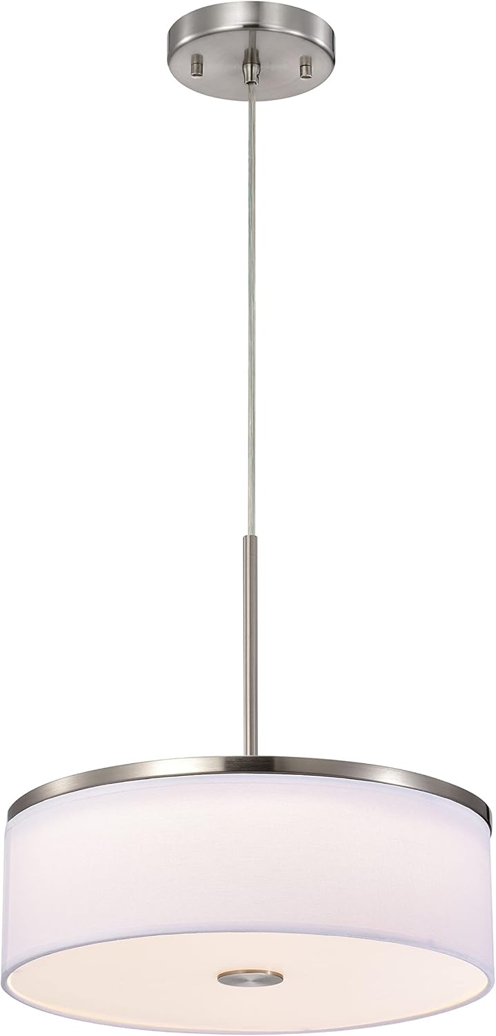 Pendant Light, Brushed Nickel Drum Linen Fabric Shade, 14 inch 25watts LED 1200lumens 3000K 3500K 4000K Switchable 90CRI Dimmable, 72 inch Hanging Cable, Pendant Chandelier for Kitchen Island