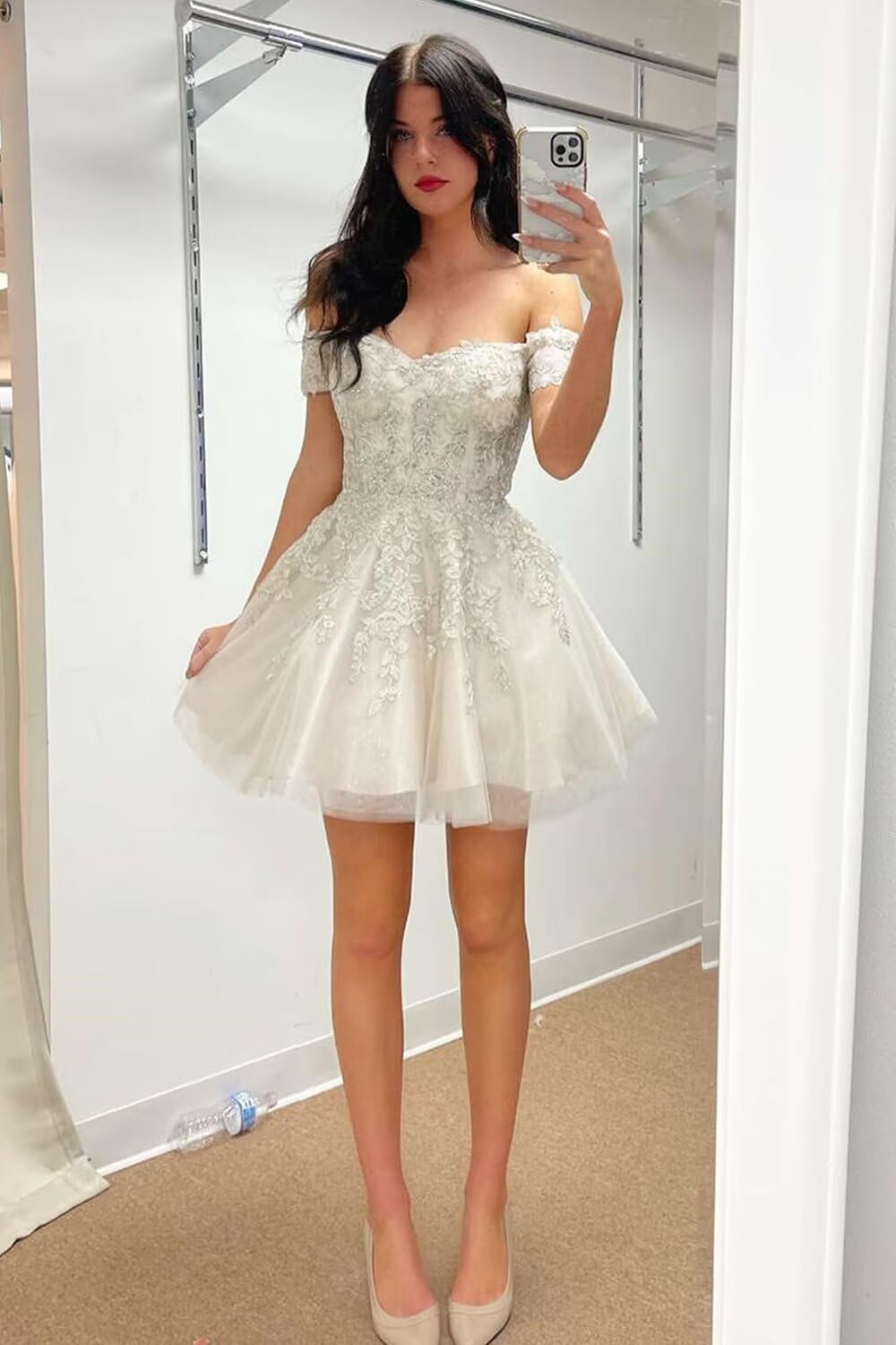 Basgute Vestidos cortos de encaje con apliques de encaje para adolescentes, tul con purpurina, hombros descubiertos, vestido formal de cóctel