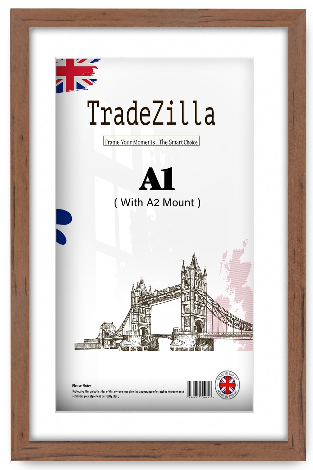 TradeZilla | Minimalist MDF Picture Frame A1 (59.40 x 84.10 cm) With A2 (594 x 419 mm) White Mount Wall Mounted | 23 x 33 Inch Poster, Certificate, Photo Frame for Home & Work Interiors [ Walnut ]