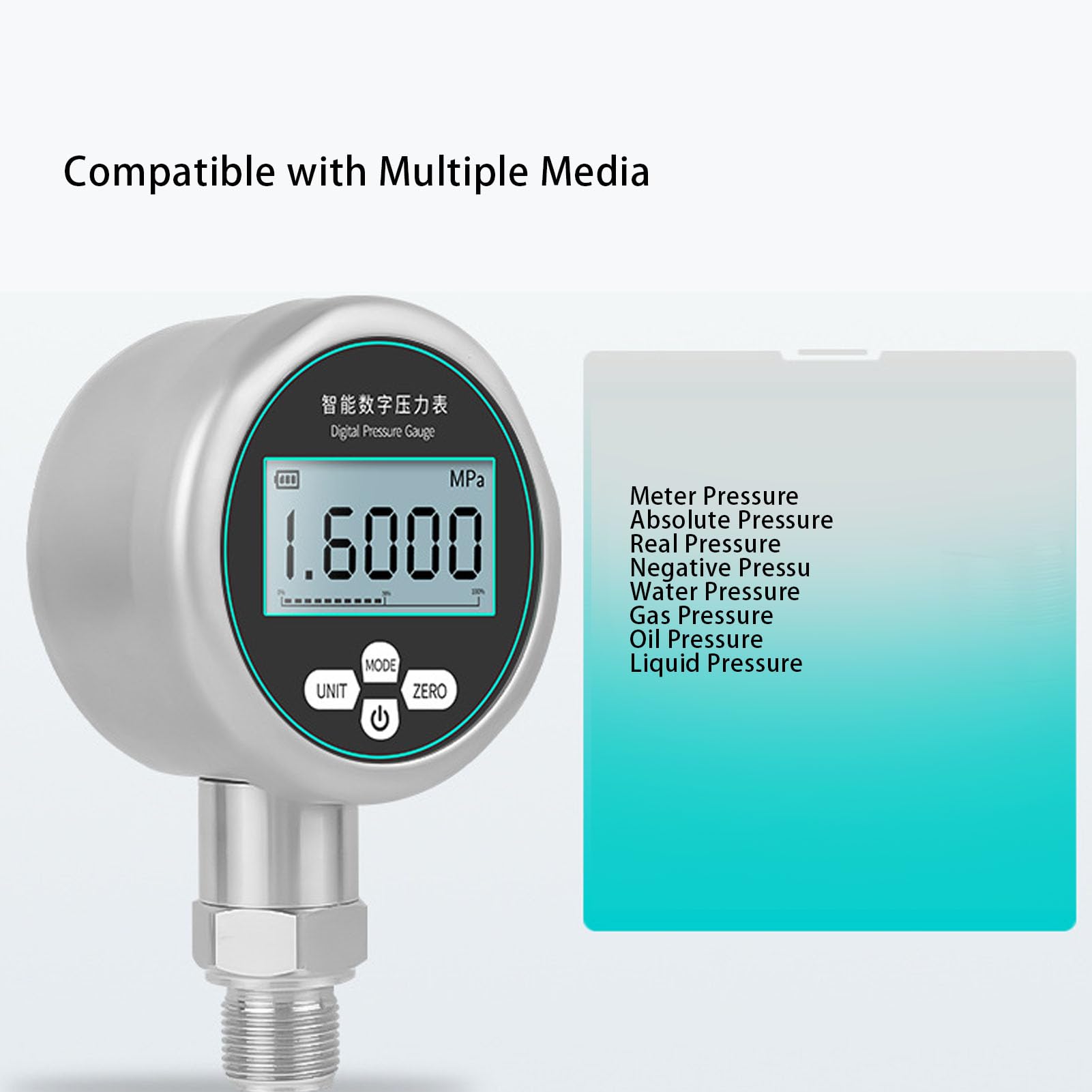 Asixxsix Misuratore di pressione digitale, Testatore di pressione di visualizzazione a 5 cifre, Gamma di 0-1MPa, 7 unità misuratore di pressione in acciaio inossidabile per acqua petrolio