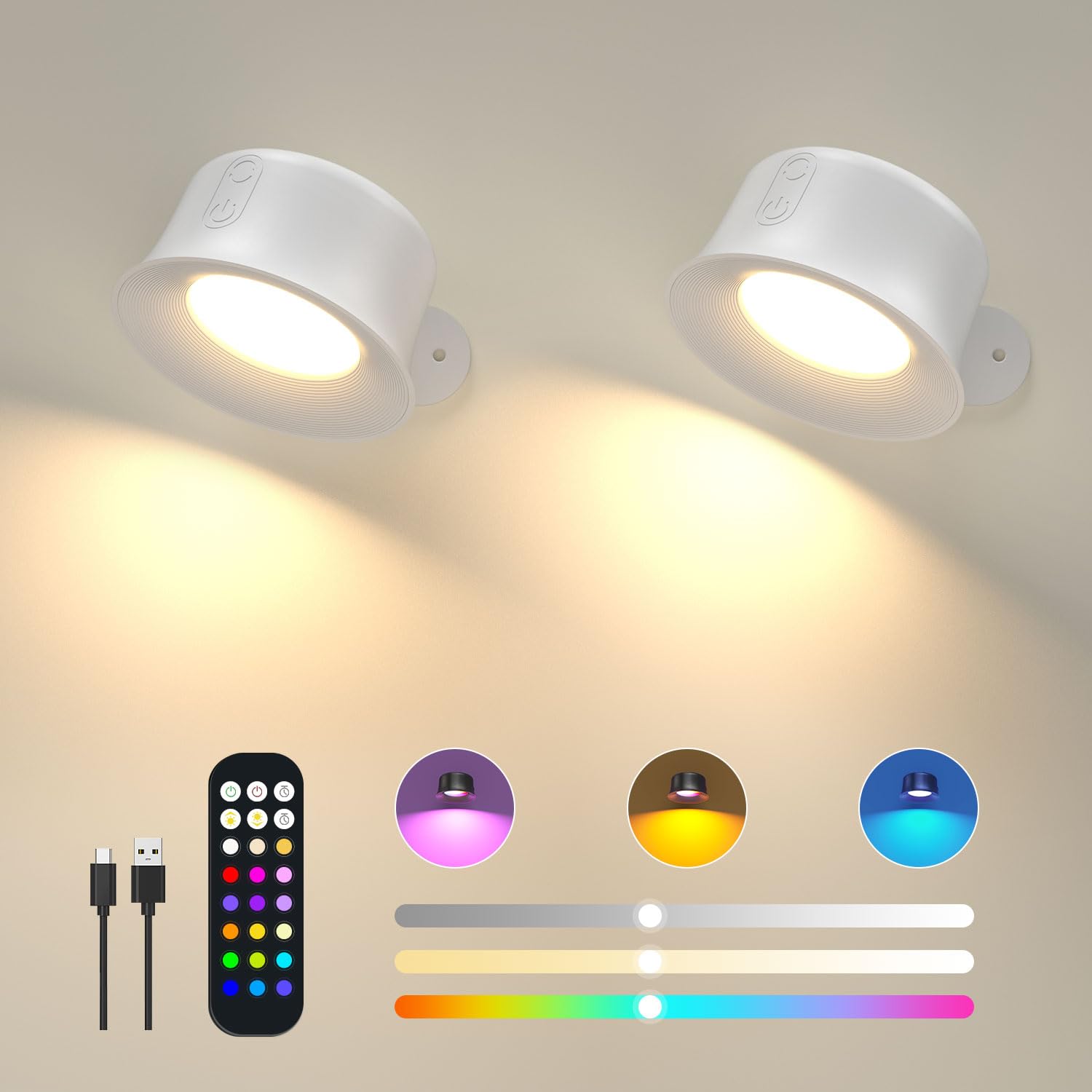 FULEN Wall Lights, LED Wall Lamp with RGB 18 Colors, 3200mAh Rechargeable Battery Operated, Touch and Remote Control, Dimmable Wireless Wall Sconces for Bedroom Indoor, 360° Free Rotation, 2 Pack [Energy Class A]