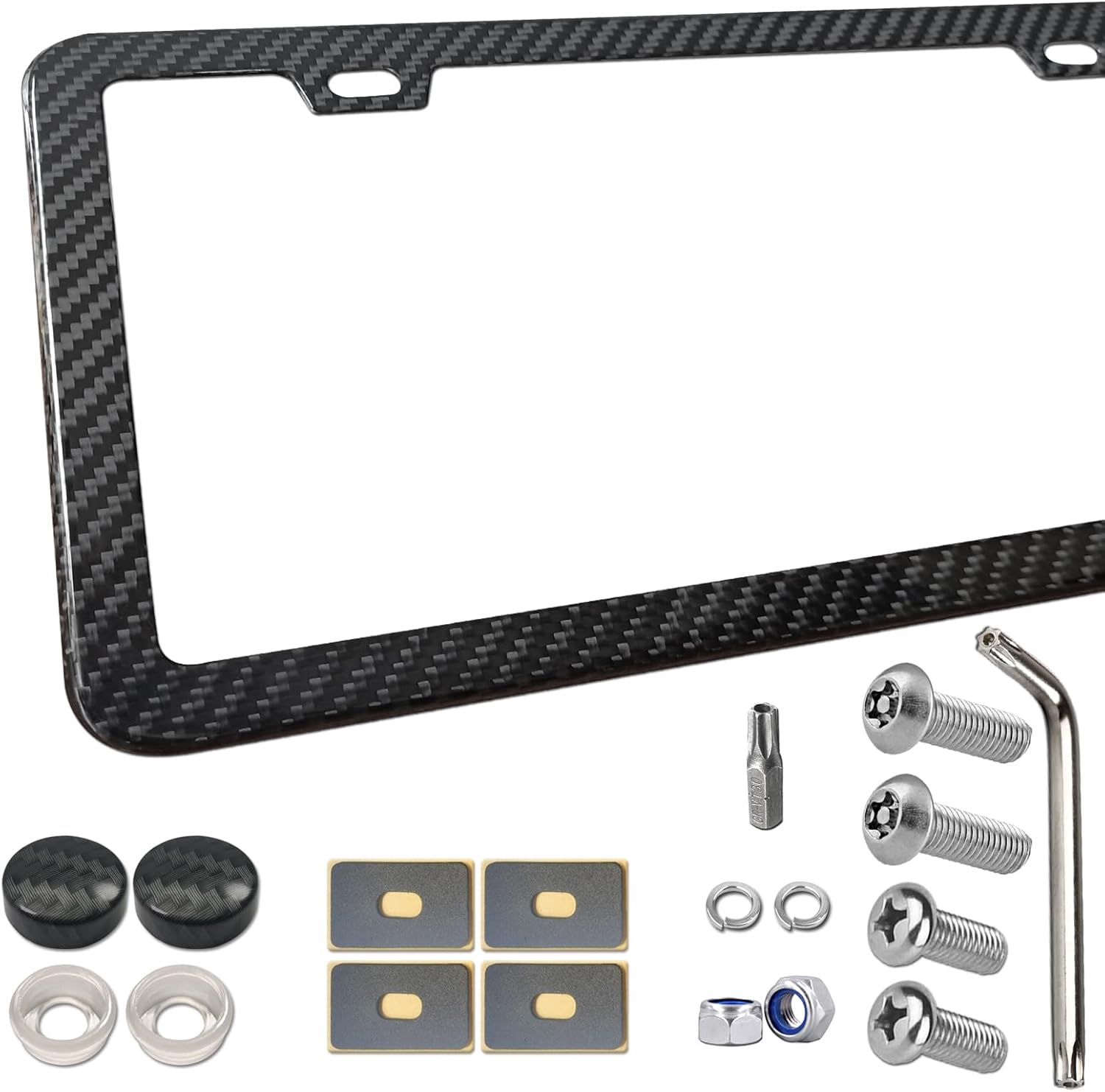 BGGTMO Carbon Fiber License Plate Frame - 100% Real Carbon Fiber Overlays Stainless Steel License Plate Frames | Stainless Steel Anti-Theft License Plate Screws | 1PC Black Gloss Plate Frame