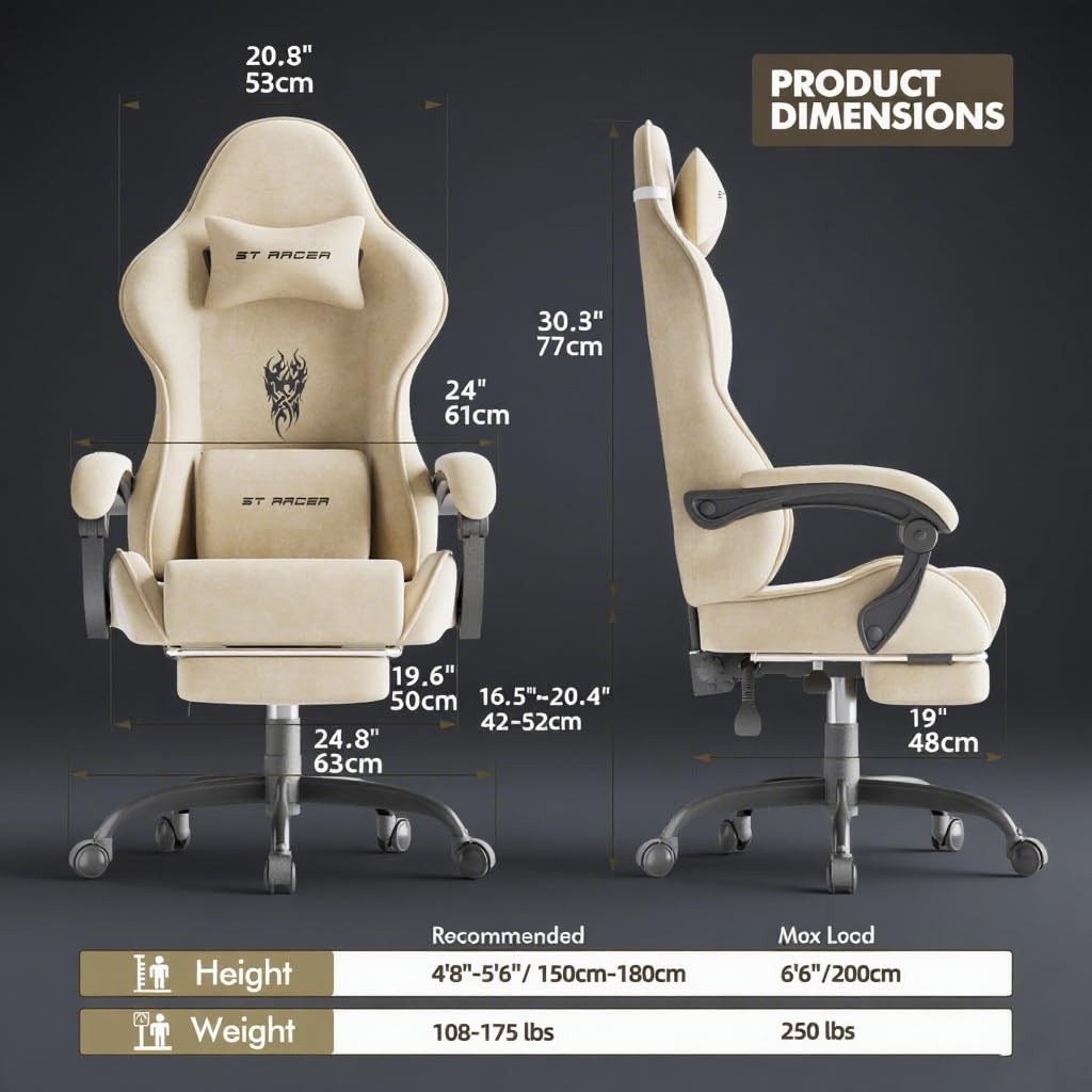 Huracan Gaming Stuhl mit Massage Lendenwirbelstütze, Verstellbare Armlehnen Gaming Chair, Gamer Stuhl Ergonomisch mit Fußstütze, Samtstoff, 90-160° Rückenlehne verstellbar Gaming Sessel, 150KG（Beige）