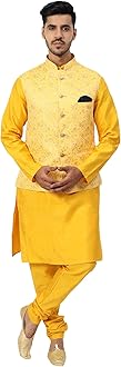 Uri and MacKenzie Men's Silk Blend Regular Kurta Churidar Pyjama with Bundi Nehru Jacket/Waistcoat