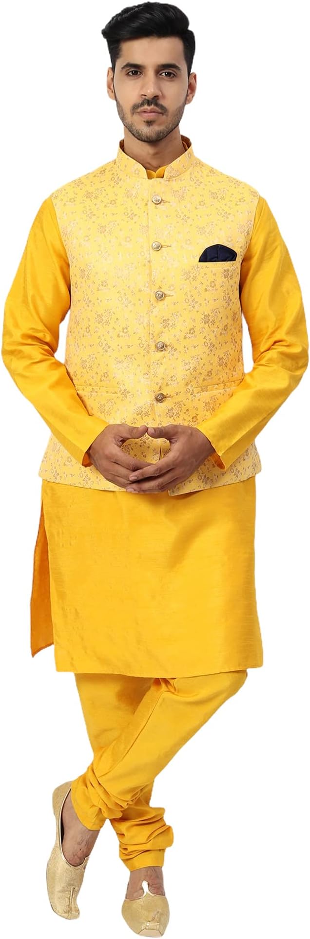 Uri and MacKenzie Men's Silk Blend Regular Kurta Churidar Pyjama with Bundi Nehru Jacket/Waistcoat