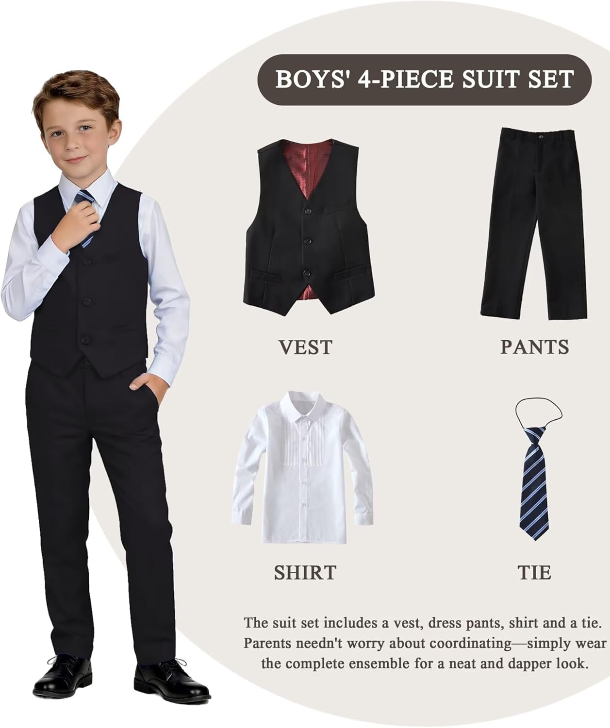 Boys Suit Kids Formal Easter Outfit Wedding Ring Bearer Suits for Boys Dress Vest Pants Set with Shirt and Tie - Image 2