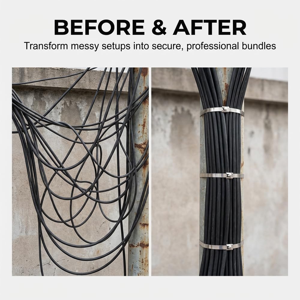 Metal Zip Ties Heavy Duty Outdoor,100PCS Stainless steel Multi-purpose Self-locking Cable Ties For Machinery, Vehicles,Farms, Pipes, Roofs,Cables Binding,Chain Link Fence Ties﻿ (0.18 in x 11.81 in)