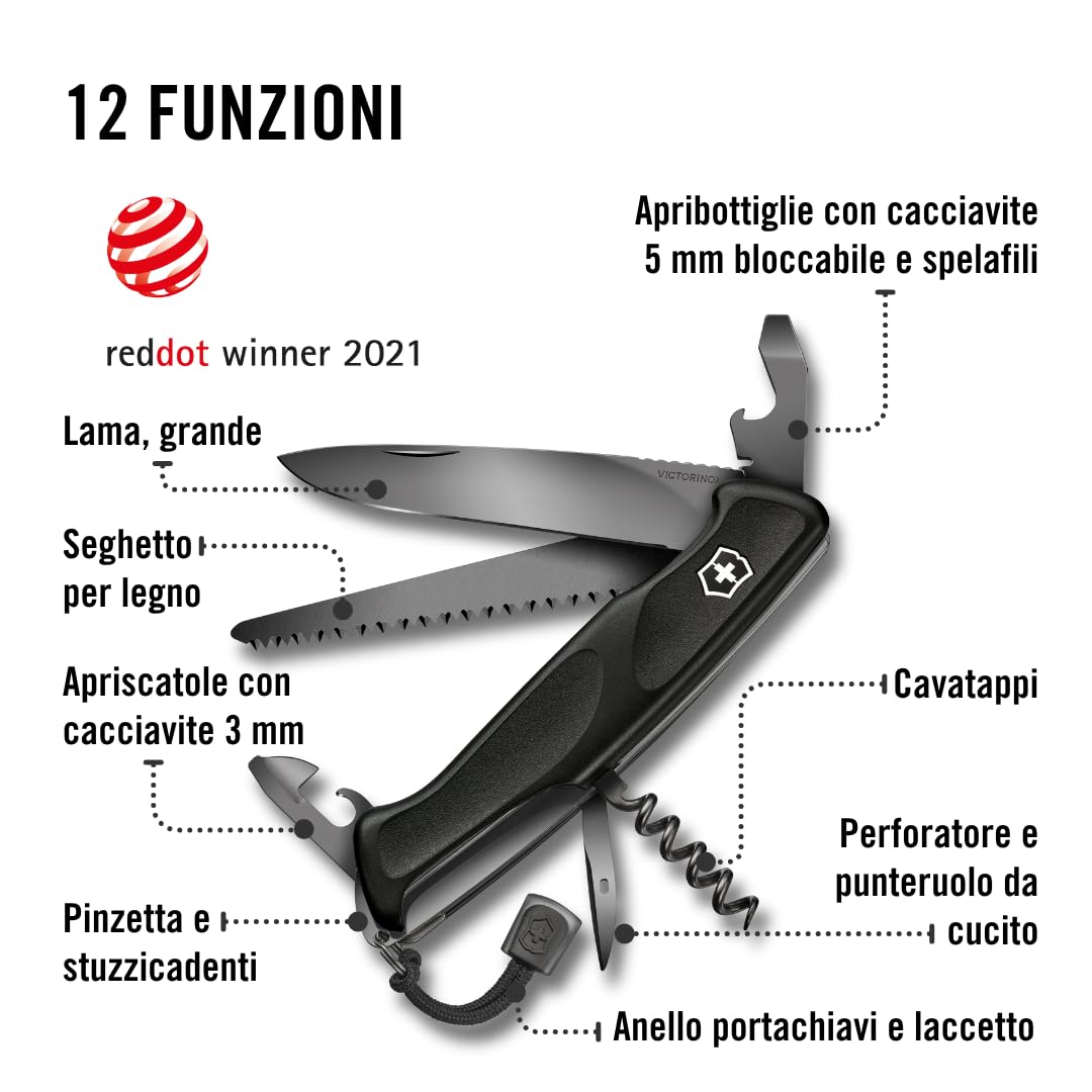 Victorinox, Ranger 55 Grip Onyx Black, Coltello Svizzero, Originale, Multiuso, Campeggio, 13 Funzioni, Lama, grande, Apriscatole, Bloccabile