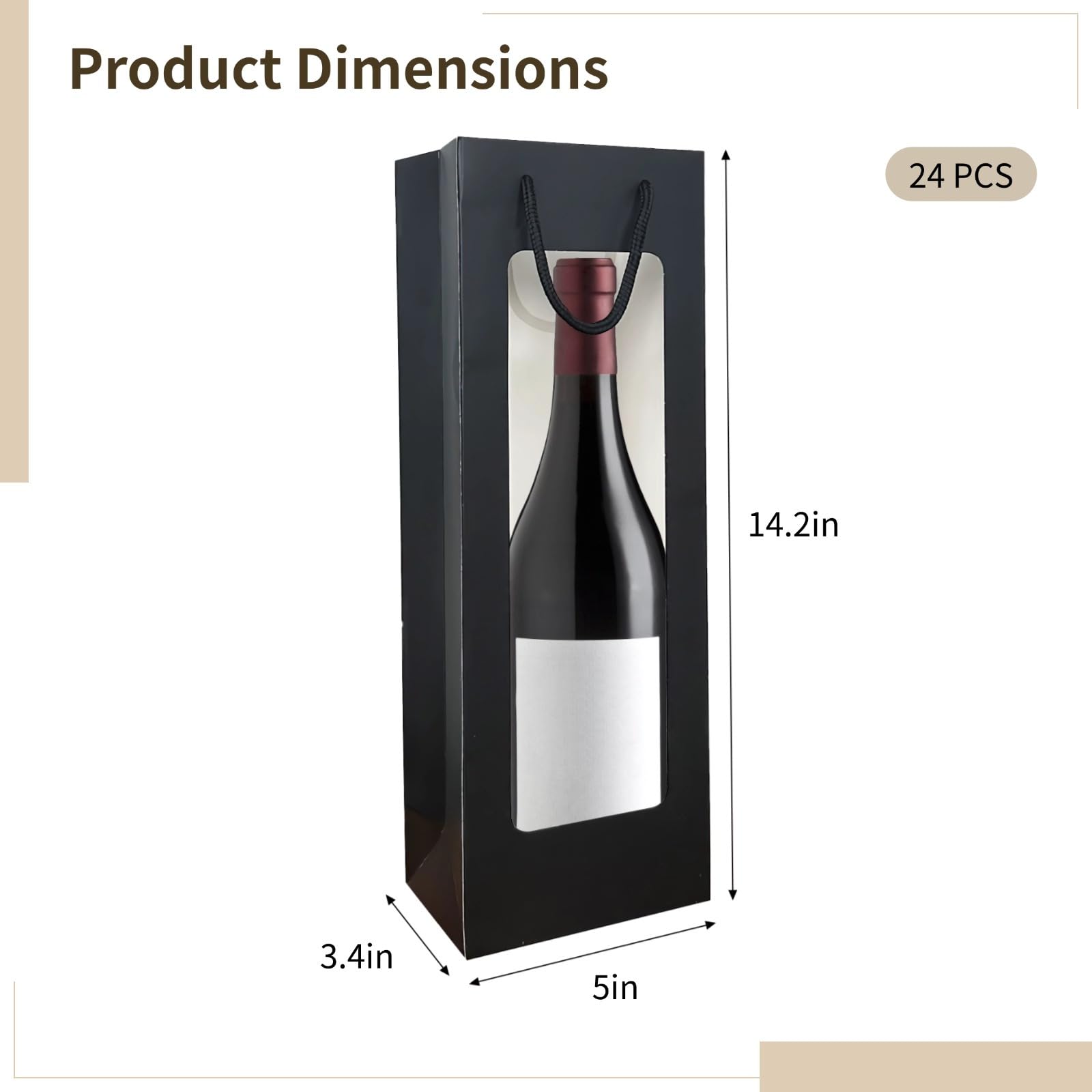 Lot de 24 sacs cadeaux noirs pour bouteille de vin - Sacs en papier avec fenêtre - 35,6 cm de haut - Réutilisables