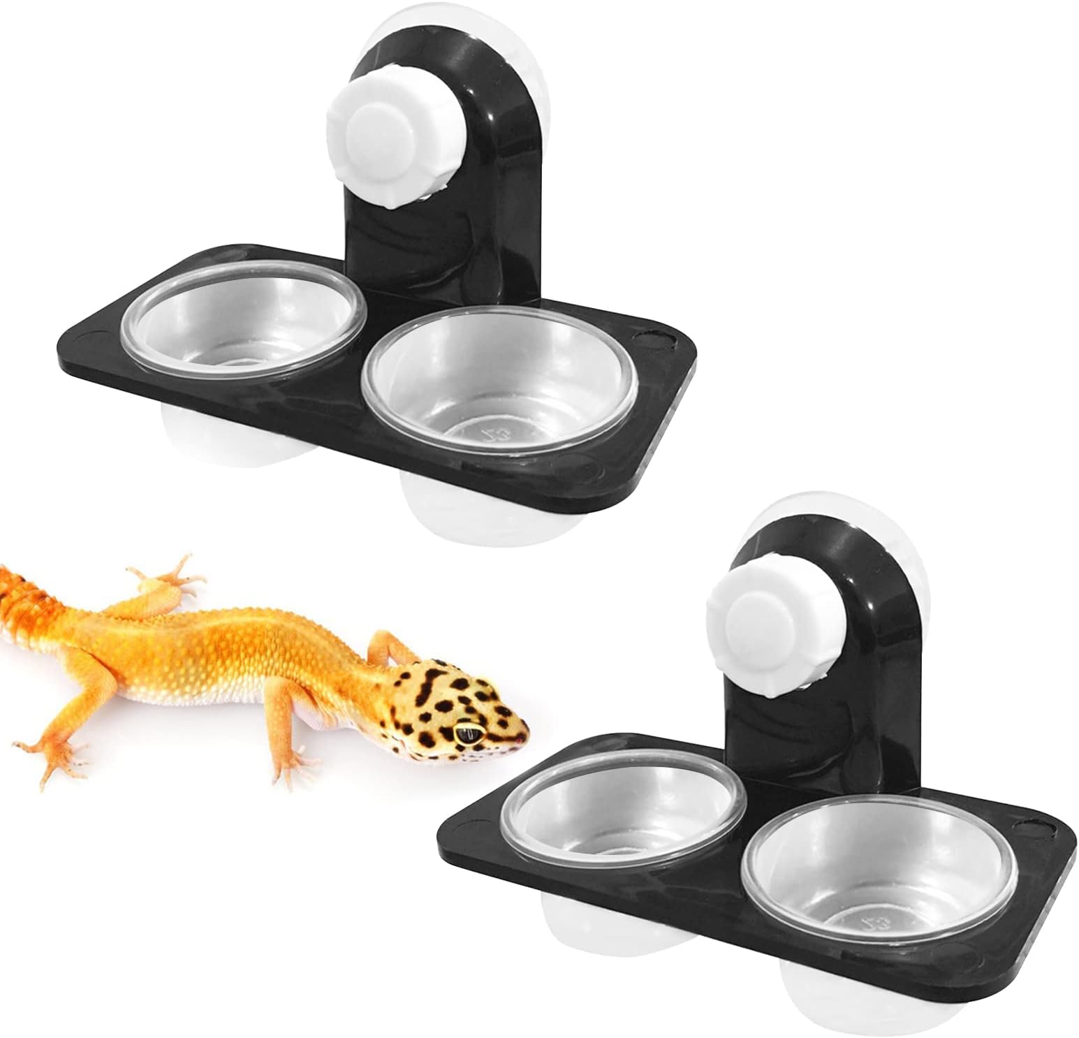 Reptile Water and Food Bowl - 2pcs Flat Drinking Dish With Suction Cup, Feeding Ledge for Lizard, Chameleon, Turtle