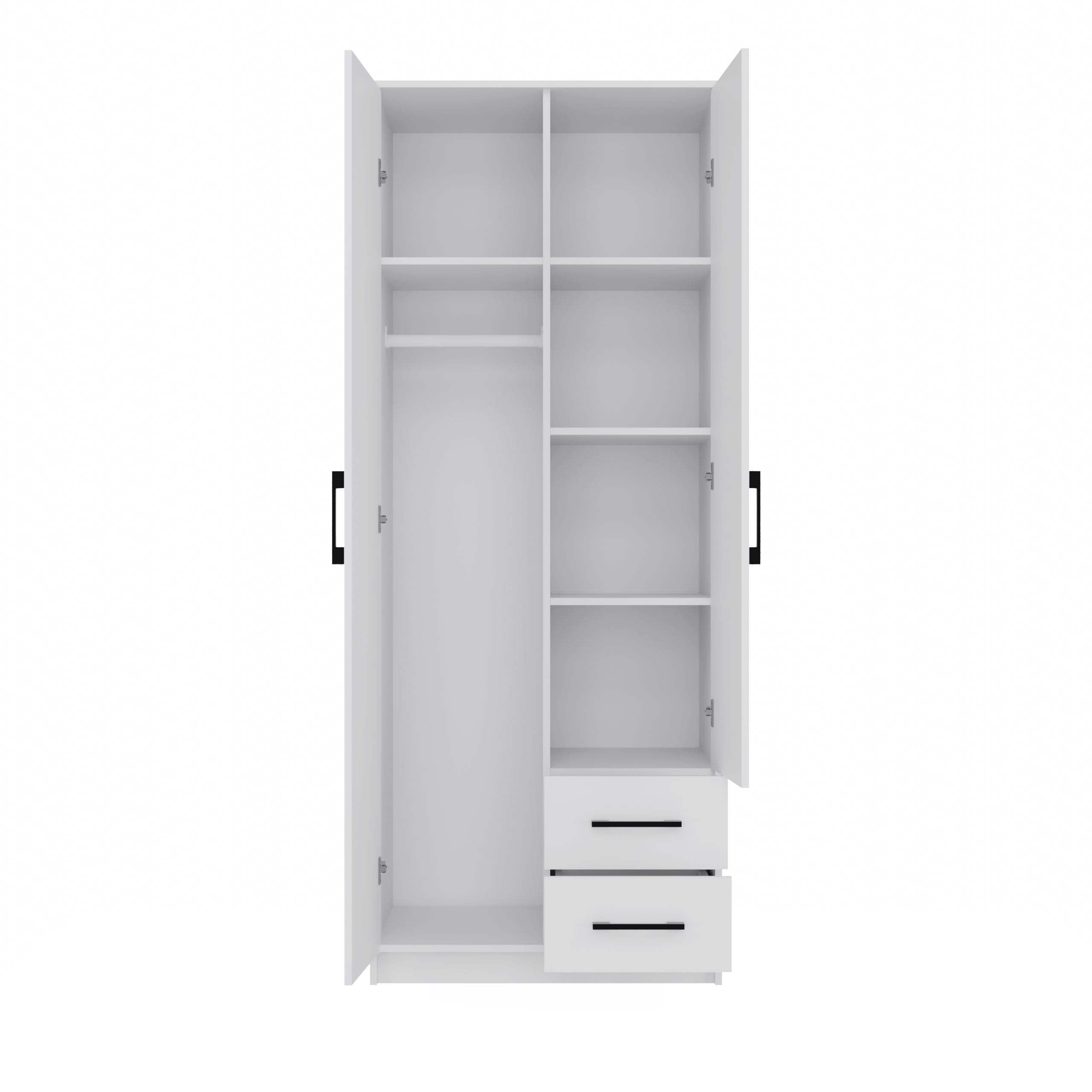 Armadio Salvaspazio 80x205 cm, 2 Ante con Specchio a Destra e 2 Cassetti, Guardaroba Moderno con Appendiabiti e 4 Ripiani, Mobile Camera da Letto e Ufficio, Design Minimal, Bianco Opaco AT16