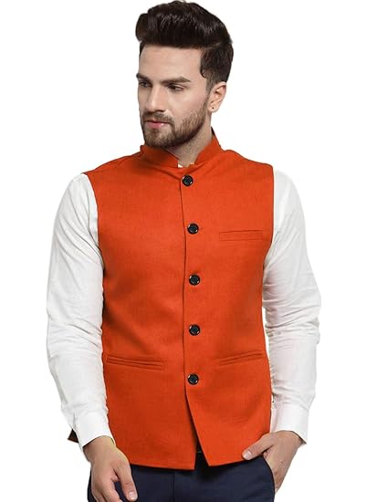 Men Cotton-Blended Export-Quality Indian Traditional Nehru Jacket/Modi Ethnic Waistcoat (Tangy Orange)