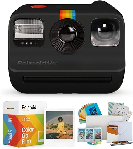 Polaroid Go Instant Camera (negro) Paquete con paquetes dobles de película y kit de PhotoBox para todo (3 artículos)