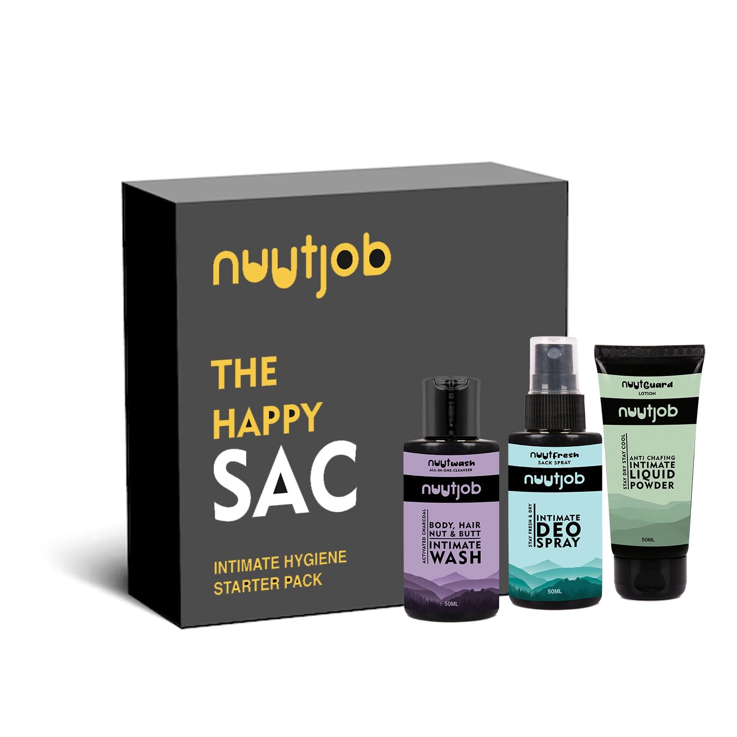 Nuutjob Intimate Hygiene Starter Pack for Men – Intimate Deo Spray, Wash & Liquid Powder | No Itch, Odour-Free Freshness | For Daily Use | The Happy Sac | 50 ml | 3 in1 kit