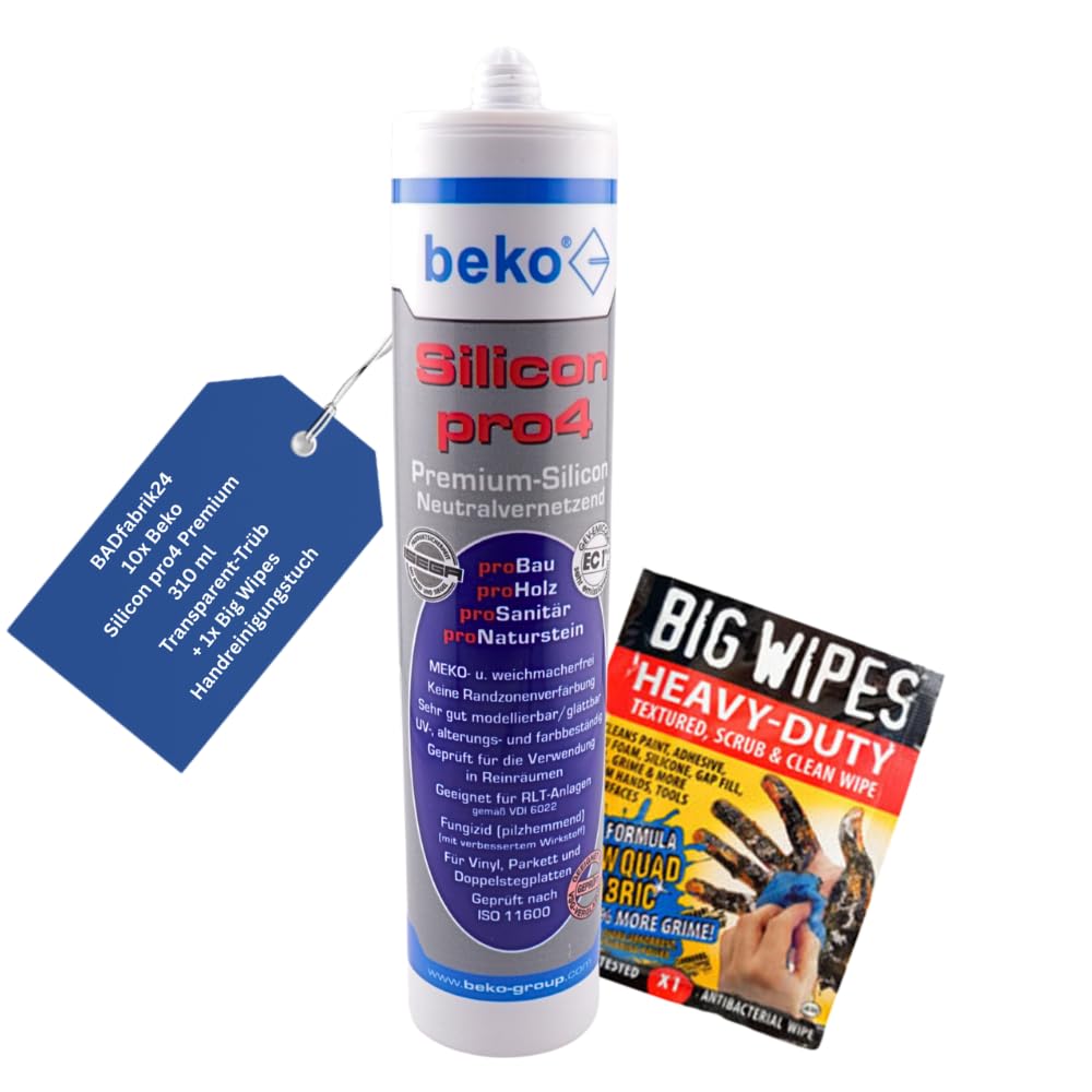 Beko Silicon pro4 Premium 310 ml + Big Wipes – Profi-Silikon für Bad, Küche & Bau – Schimmelresistent, haftstark, UV-beständig (Transparent Trüb, 10)