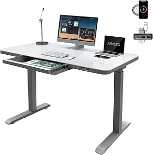 AIMEZO Glass Electric Standing Desk with Drawer, Charging USB Port 45 x 23 Inches, Dual Motor, Adjustable Electric Height, Desk Sit Stand Desk with USB Type-CA Port, White Glass Top