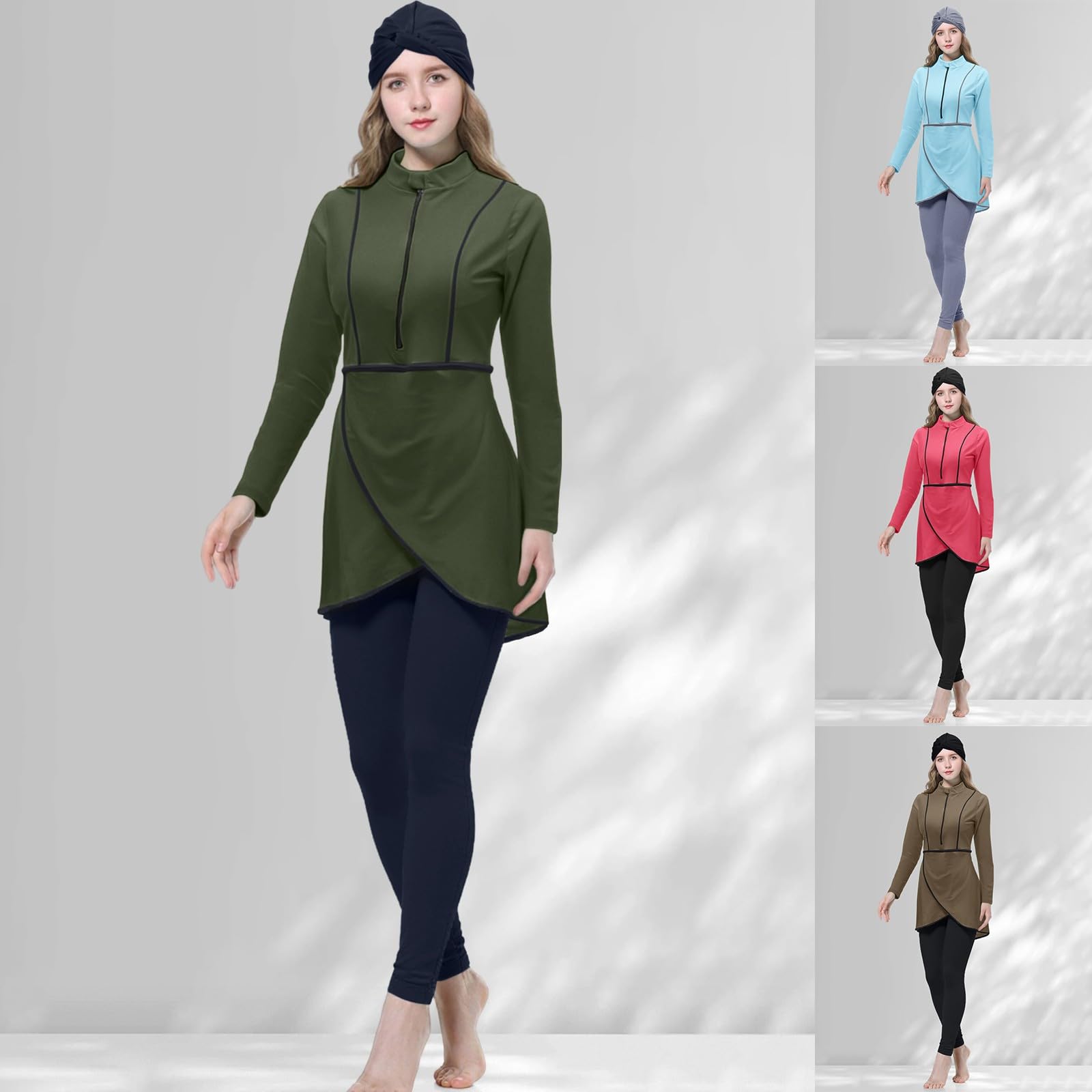 Burkini, costume da bagno musulmano da donna, 3 pezzi, con copertura modesta e completa sul davanti, sportivo, costume da bagno intero opaco, costume da bagno