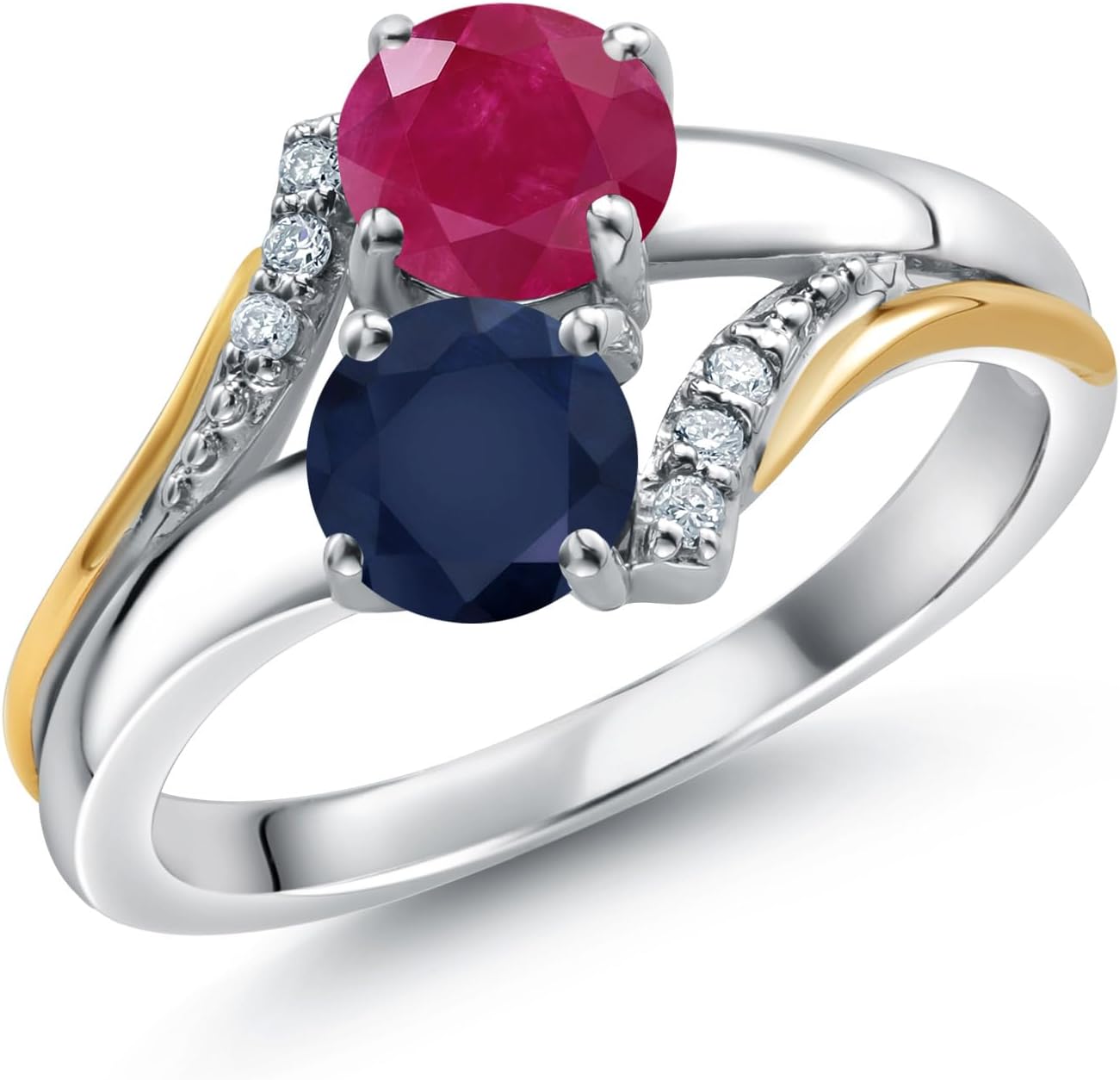 Gem Stone King 10K Yellow Gold and 925 Silver Blue Sapphire and Red Ruby and White Lab Grown Diamond Accent Engagement Ring For Women (1.18 Cttw, September Birthstone, Round 5MM)