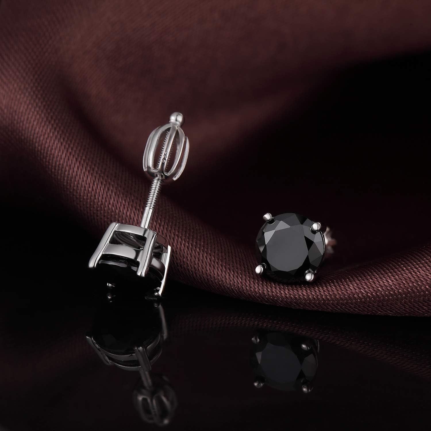 Black Stud Earrings for Men Women Black Earrings Sterling Silver Cubic Zirconia Studs Silver CZ Earring Screw Back