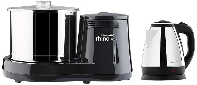 Butterfly EKN 1.5-Litre Water Kettle (Silver with Black) & Butterfly Rhino Plus Wet Grinder, 2L (Grey), 150W