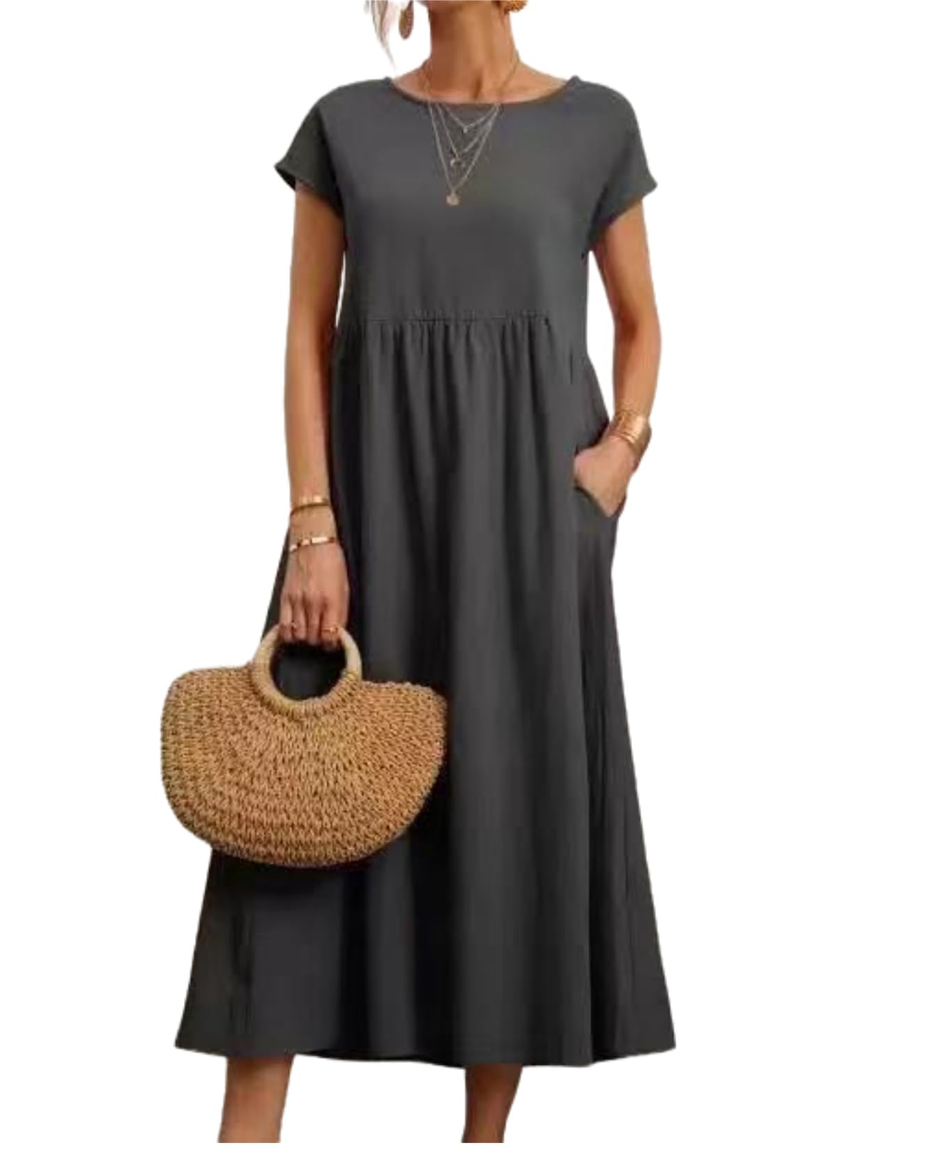 Costaric Cotton Dresses for Women 2025 Women's Summer Short Sleeve Midi Dress Casual Loose Beach Dress with Pockets