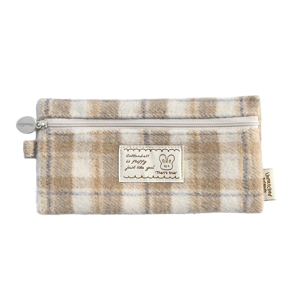 Monolike Unmatched Friends Old Check Pencil Case, Beige - Pencil Pouch, Portable Pencil Bag, Pencil Case, Office Pouch case, Cushion, Soft, Vintage
