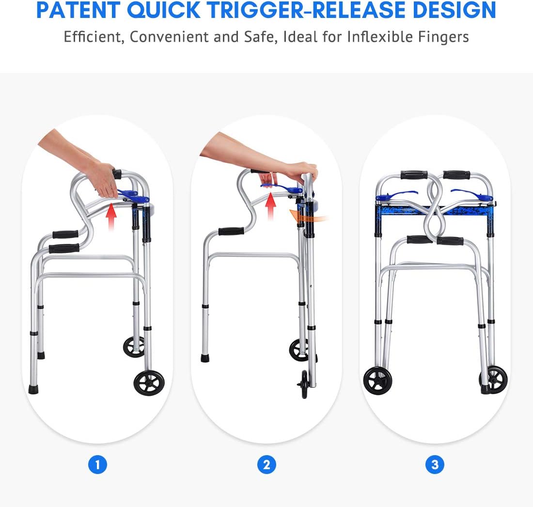 Health Line Massage Products 4-in-1 Stand-Assist Folding Walker with Detachable Seat, Walking Mobility Aid with 5" Wheels 350lbs Capacity, Can be Used as Toilet Safety Rail, Compact & Portable, Silver : Health & Household