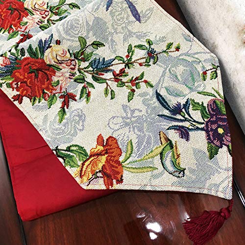 Dada Bedding Elegant Floral Blue Roses Tapestry Table Runner - Tropical Paradise Exotic Botanical Flowers Birds Nature Garden Berries - Multi-Colorful Linen Woven Kitchen Dining Mats - 13" X 54" #TOP5
