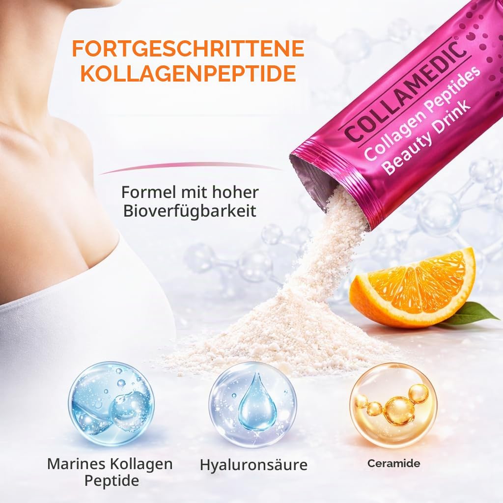 Kollagenpeptide Beauty Drink, angenehmer Orangengeschmack, Meereskollagen mit Hyaluronsäure, Phytoceramide, Oligopeptide, 30 Beutel x 8560 mg