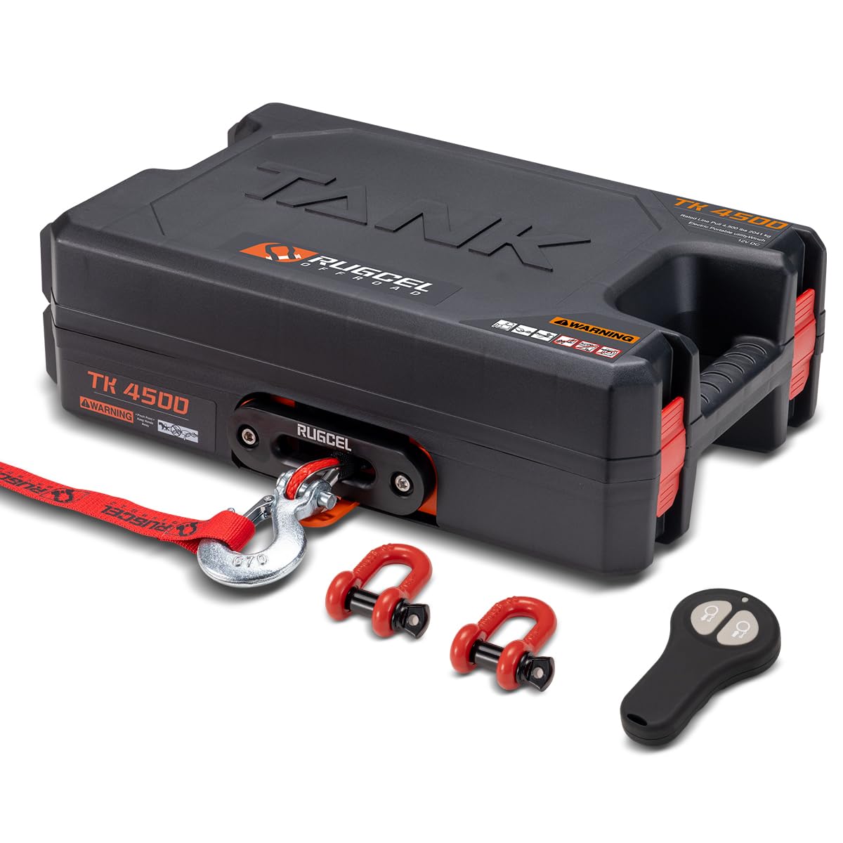 RUGCEL WINCH Cabrestante portátil 12V CC eléctrico de uso general, tracción de línea única de 4500 libras/2041 kg con placa de montaje de acero, guiacabos Hawse integrado y cuerda sintética, control