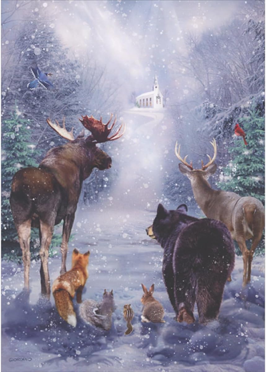 Moose, Deer, Bear, Fox, Squirrel, Chipmunk and Rabbit Gazing at Church on Hilltop Box of 16 Religious Christmas Cards