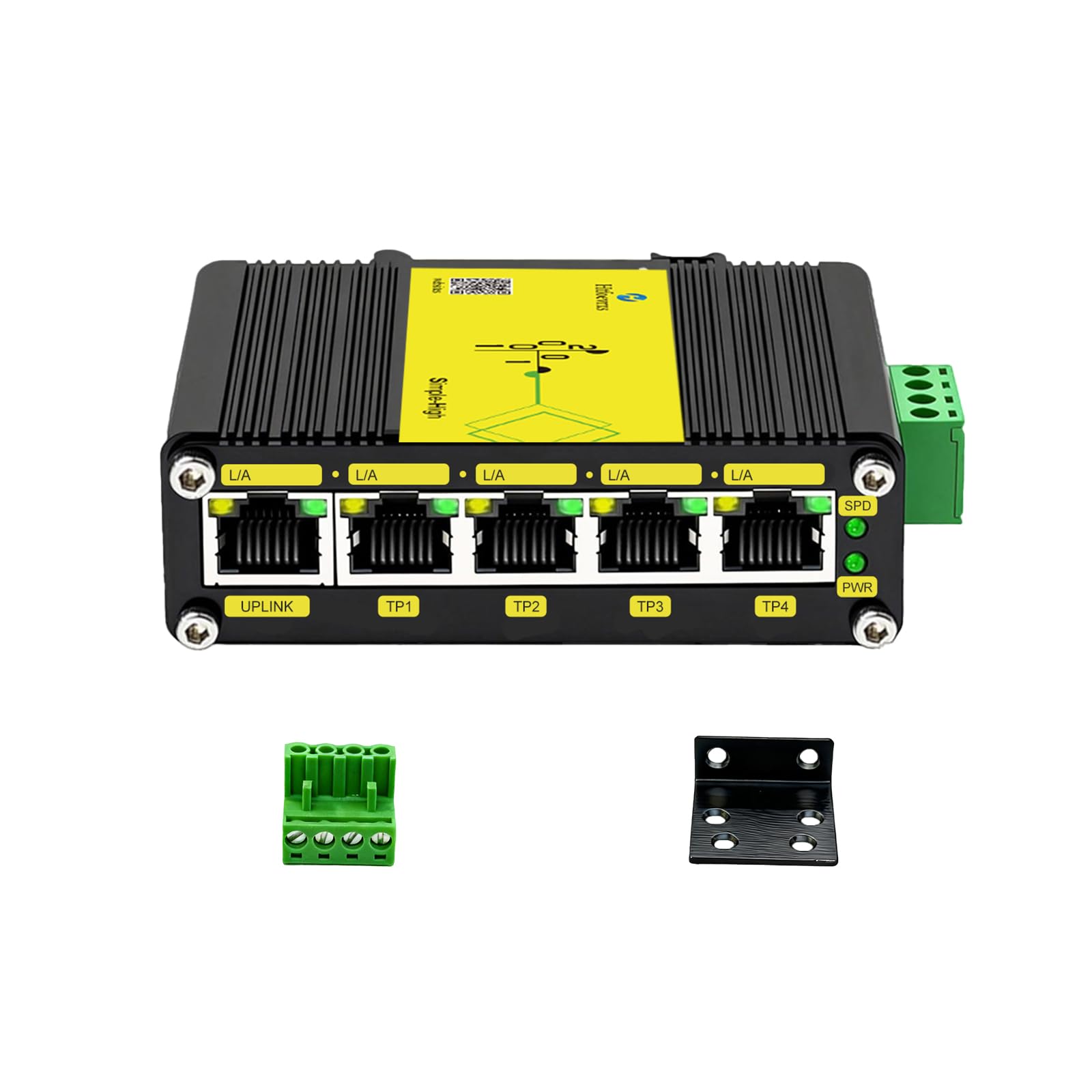 Htfoevrxs Switch Gigabit industriale a 5 porte, ingresso DC12-48V, 10/100/1000Mbps, guida DIN e IP40 a parete, monitoraggio della sicurezza/comunicazione/trasmissione dati
