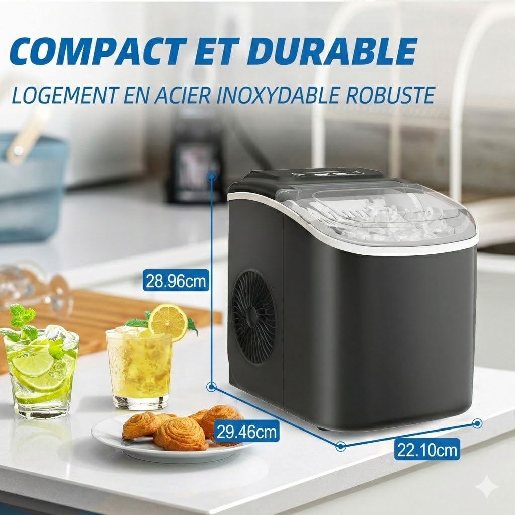 Machine à Glaçons Portable 12kg par 24h Produit 9 Glaçons en 6 Minutes Appareil avec Fonction Autonettoyante Capteur Infrarouge et 2 Tailles de Glaçons pour Cuisine et Camping Noir