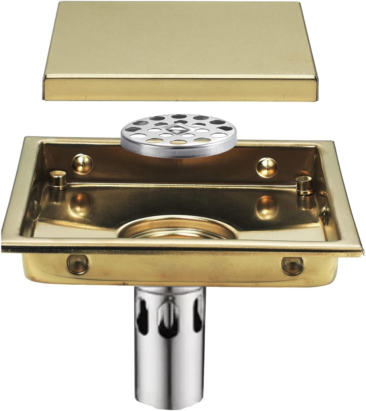 Desagüe de Ducha de 6 Pulgadas con Rejilla para Azulejos, desagüe Cuadrado con Filtro de Pelo, desagüe de Ducha de Acero Inoxidable 304 para baño, Dorado Cepillado