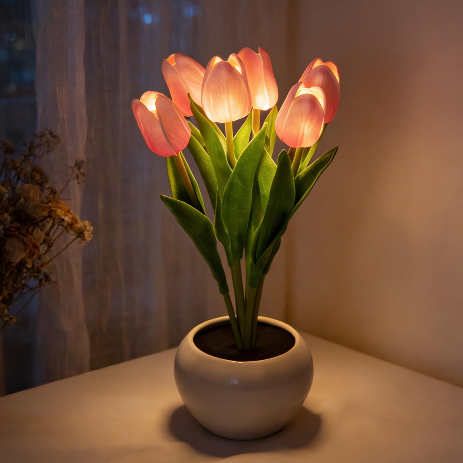 ANSUG 6 Flower Pink Tulips Night Light, Flower Tulips Table Lamp, Tulip Lamp, Decorative Home Accent Lighting, Bedroom Decor Gifts for Women Mother's Day Christmas Birthday Grandma