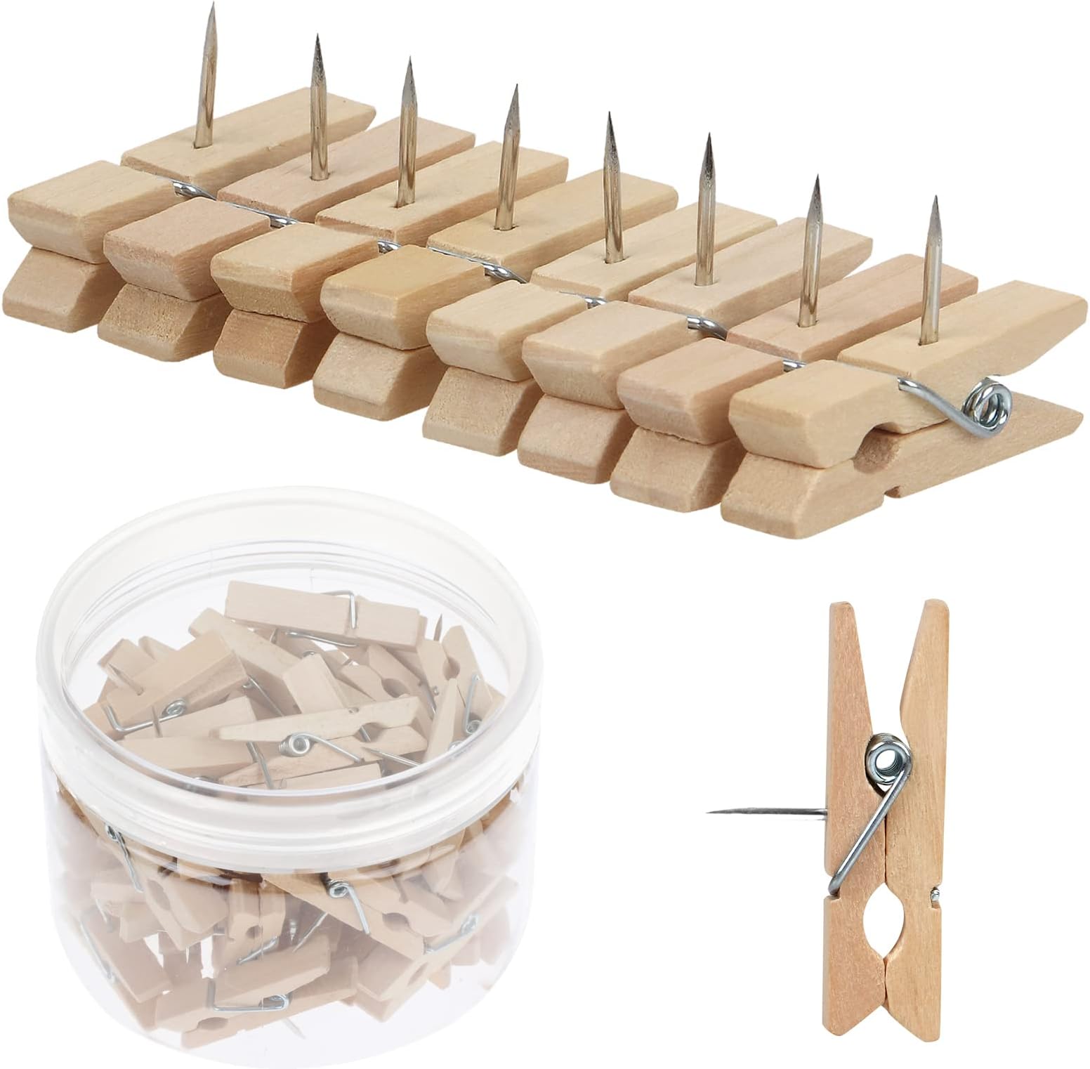 50 PCS Push Pin with Wooden Clips, Durable Wooden Push Pins, Decorative Pushpins Tacks Thumbtacks, Tacks for Cork Board Artworks Notes Photos, Craft Projects, Offices and Homes (Burlywood)