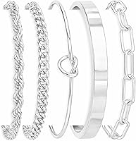 Non-Tarnish Sterling Silver Cuff Bangle Bracelet Set for Women - Chunky Cuban Link, Infinity Knot, Rope Chain Stackables